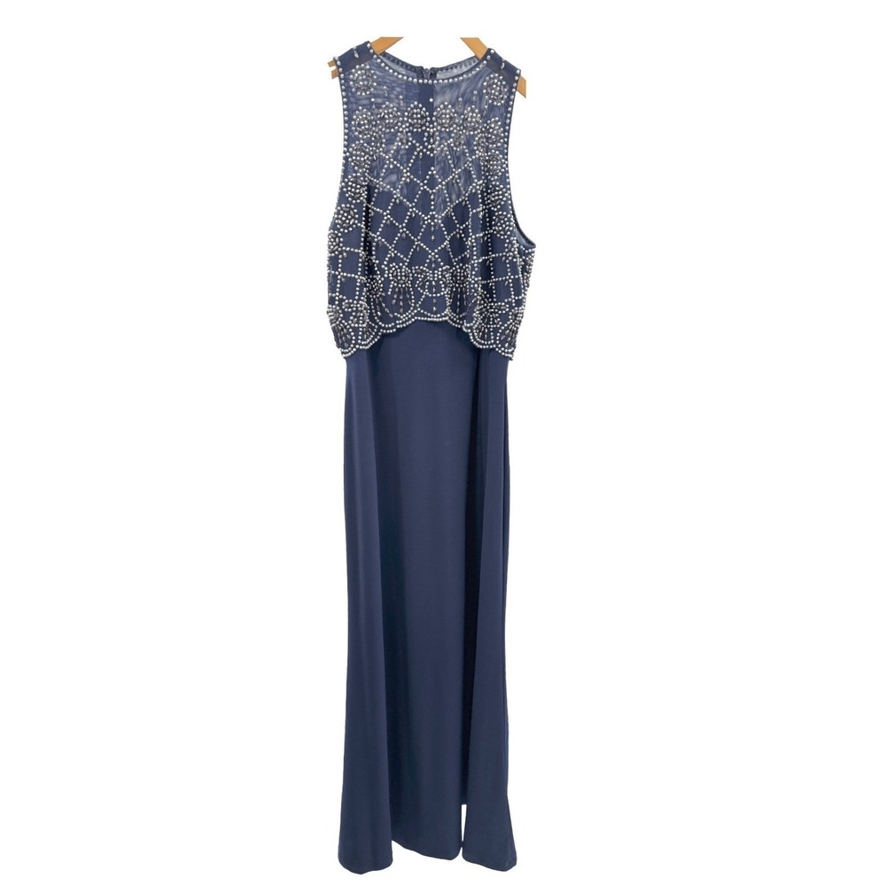 Cachet Evening Dress Beaded Mesh Overlay Navy Size 8‎ Excellent